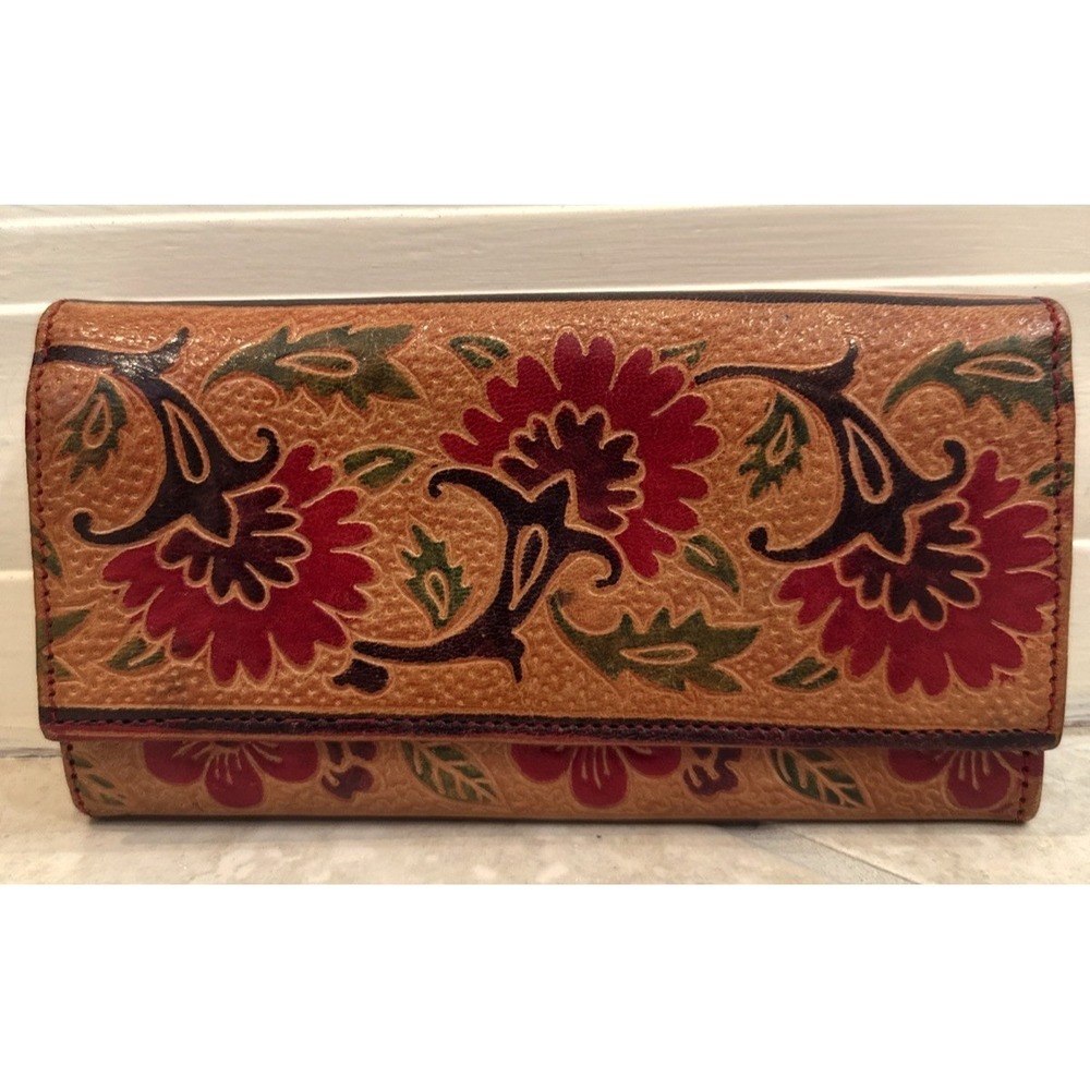 Vintage Hand Tooled Leather Floral Wallet Western Boho Tri-Fold Tan Red